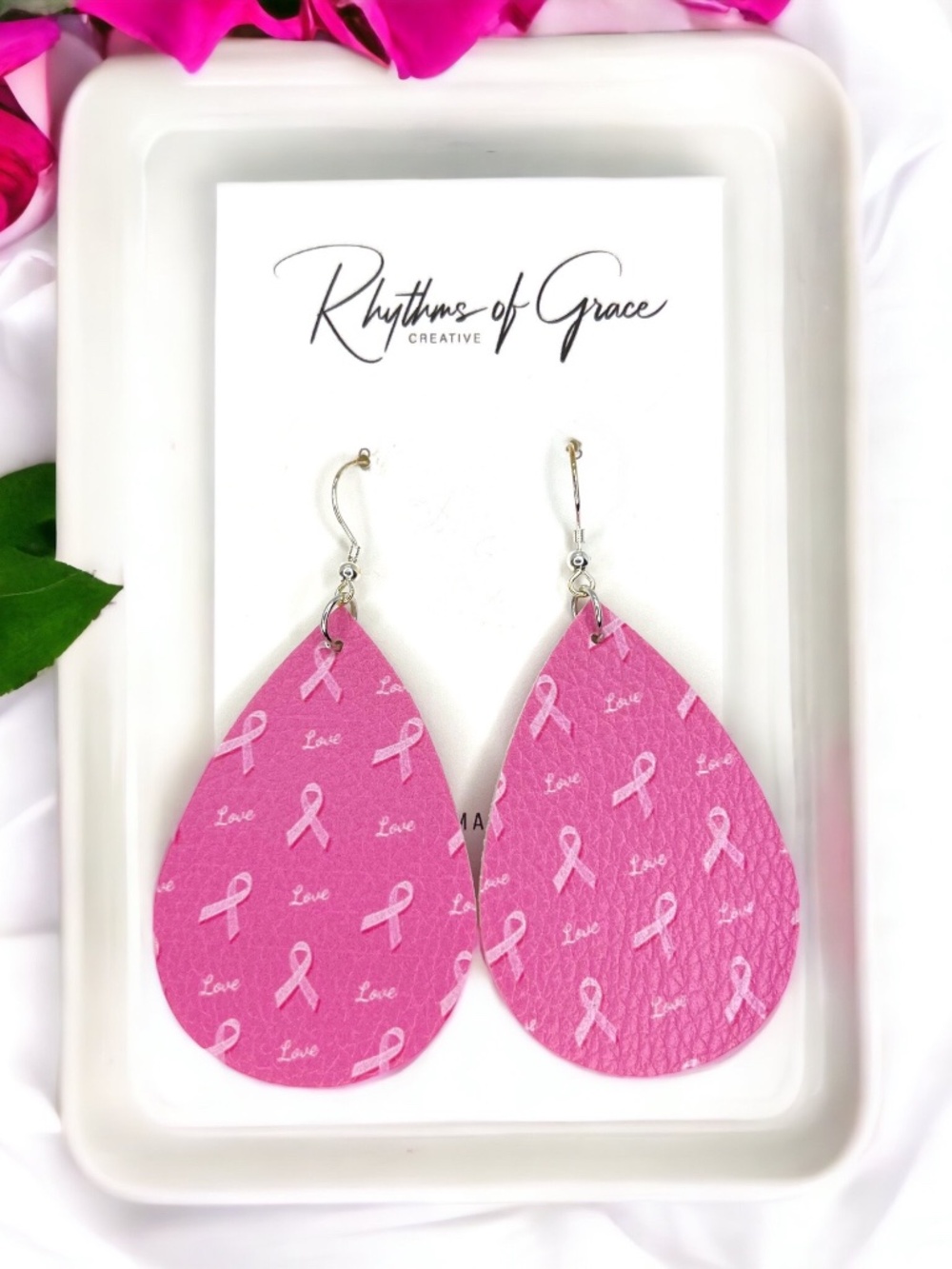 Breast Cancer Awareness Pink Ribbon Love Teardrop Earrings
